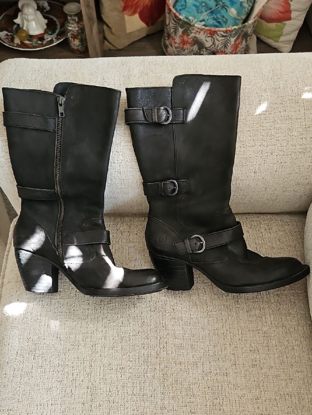 Black Mid-Calf Buckle Boots - Women's Stylish Leather Heel. Authenic BORN brand.